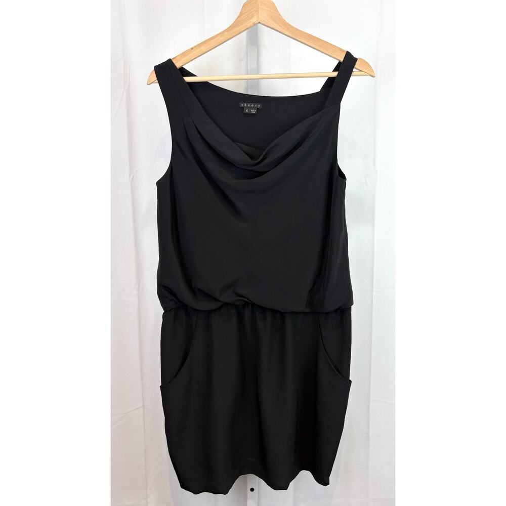 THEORY  Size 6 Jaylyn Rove Silk Dress Asymmetric Sleeveless Blouson LBD Black